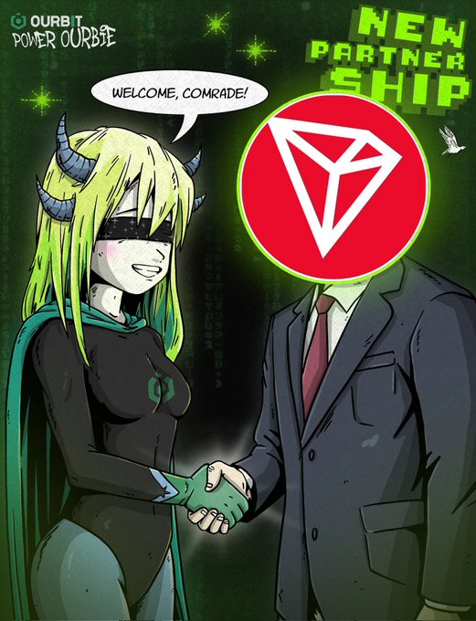 The image features a cartoon illustration of two people shaking hands over a green background. The person on the left side of the image has long hair and is wearing a cape with a green design, while the other person on the right side is dressed in a suit and tie. They are standing next to each other, and there's text above them that reads "NEW PARTNERSHIP SHIP". This suggests that they have just completed a deal or agreement, possibly related to their roles within the TRON ecosystem.