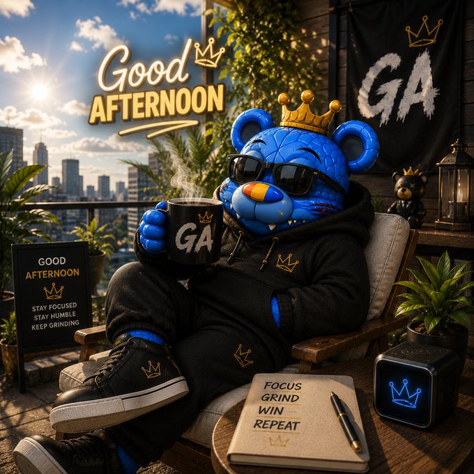 A blue bear wearing a crown, sunglasses, and "GA" hoodie lounges with a coffee mug on a rooftop overlooking the city, surrounded by "GOOD AFTERNOON," "STAY FOCUSED, STAY HUMBLE, KEEP GRINDING," and a "FOCUS GRIND WIN REPEAT" notebook—visually embodying the post's relaxed afternoon greeting to the 𝕏 community.