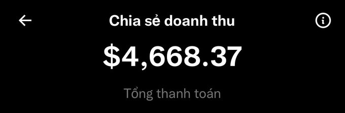 A dark screen displaying revenue share information with Vietnamese text 'Chia sẻ doanh thu' (Revenue Share) and a total payment 'Tổng thanh toán' of $4,668.37.