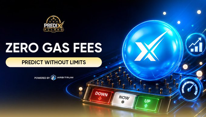 The promotional graphic advertises "ZERO GAS FEES - PREDICT WITHOUT LIMITS" for PrediXplinko, powered by Arbitrum, featuring the platform's logo, a glowing XRP token, and Down/Now/Up prediction buttons. The image visually reinforces the post's message by showcasing the platform's gas-free Plinko prediction game running on Arbitrum, highlighting its accessibility for users to trade ETH/USD predictions without fee-based friction.