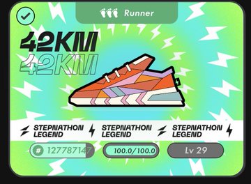 The image features a graphic design of an orange shoe with white laces, accompanied by text that reads "42 km/h" and "42 km/h runner", as well as a list of other runners' names such as "Stepnathon legend" and "Liv 29". The background is green with white lightning bolts.