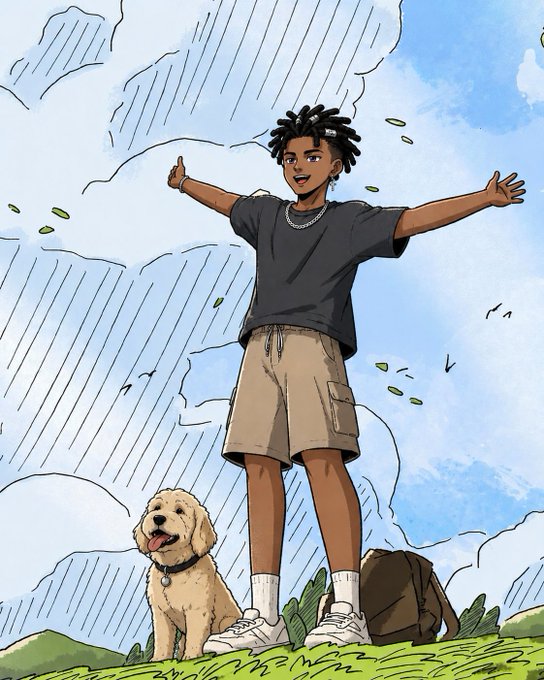 A young man with dreadlocks stands triumphantly on a grassy hill with arms outstretched against a cloudy sky, accompanied by his smiling golden doodle dog. The image embodies the post's energy of waking up grateful and ready to take on the day with unstoppable enthusiasm.