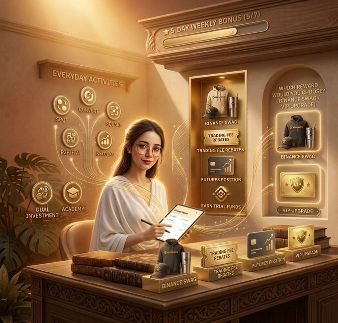 A Binance promotional graphic showing a 5-day weekly bonus (5/7) with everyday activities like Spot, Convert, Square, P2P/P2A, and Earn, offering rewards such as Binance Swag, Trading Fee Rebates, Futures Position trial funds, and a VIP Upgrade.