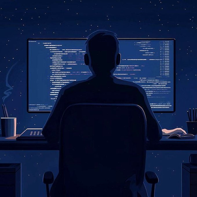 An illustration depicts a silhouetted person sitting at a desk, working on code displayed across two monitors in a dark, starry room.