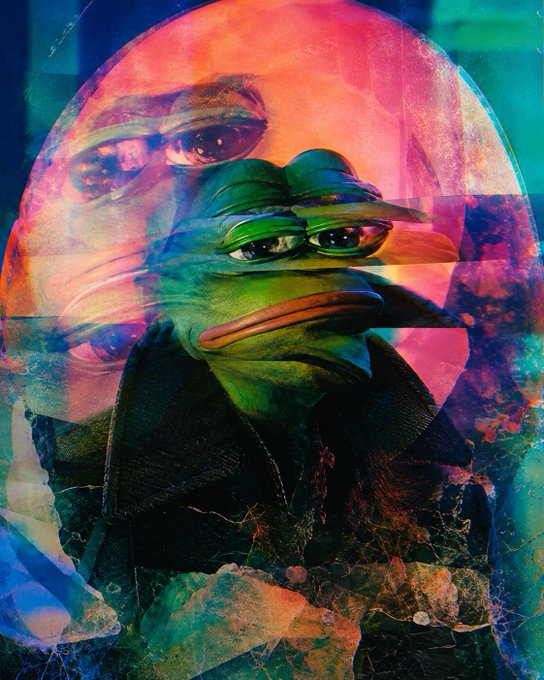 A surreal digital artwork combining the face of a human man in the background with a green frog-like creature in the foreground, set against vibrant red, blue, and green textures.