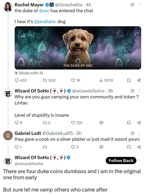 A Twitter/X thread from @Oxrachelita showing 'the duke of @arc has entered the chat' with an AI-generated dog image labeled 'THE DUKE OF ARC', followed by replies from @wizardofsoho and @GabrielLudt5 discussing 'duke coins' drama.