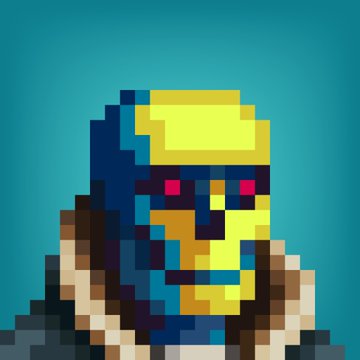 A pixel art portrait of a figure with glowing red eyes wearing a yellow face covering and a dark hooded garment against a teal background.