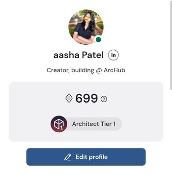 A profile card shows Aasha Patel, a Creator at ArcHub, celebrating her achievement of reaching Architect Tier I status on Arc with a badge count of 699. The image complements her excitement about being officially recognized as an architect on the platform.