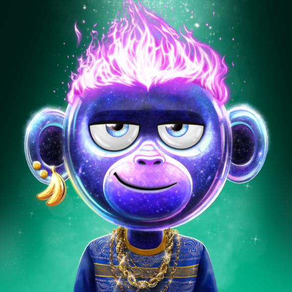 A stylized 3D illustration of a purple cosmic-patterned monkey character with glowing pink flame-like hair, gold ear accessories, and gold chain necklaces.
