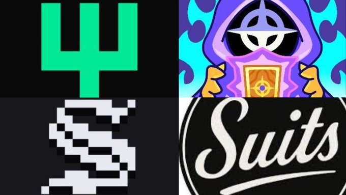 A four-panel collage showing a green trident symbol, a purple hooded figure with a book, a pixelated letter 'S', and the word 'Suits' in white script on a black circular logo.