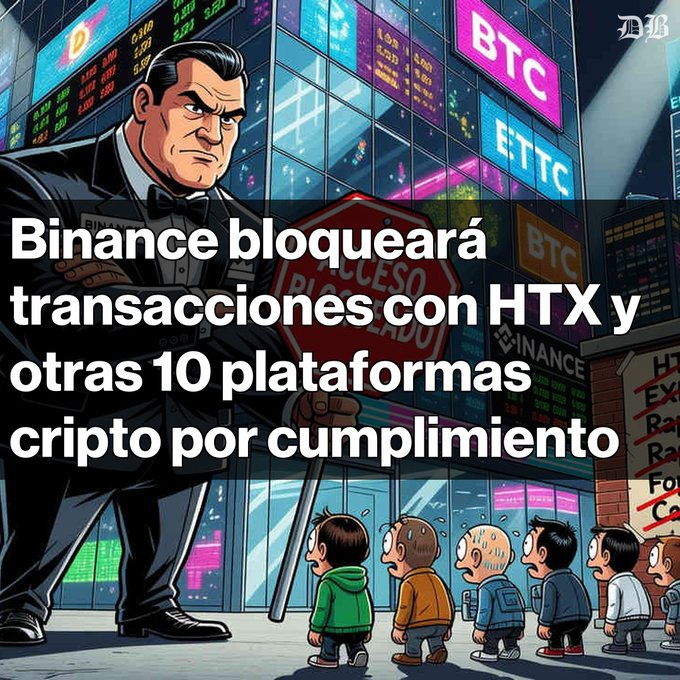 A digital illustration showing a stern man in a suit holding a stop sign in front of a crypto exchange building, with Spanish text overlay reading 'Binance bloqueará transacciones con HTX y otras 10 plataformas cripto por cumplimiento'.