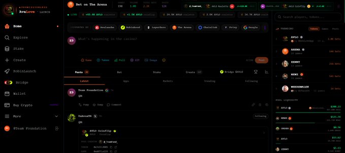 Screenshot of a dark-themed crypto casino website called 'Bet on The Arena' (arena.bet) showing sections for Home, Games, DeFi, Gem Hunt, and a leaderboard featuring users like AyaLove, NYLO, AARON, ZENNY, NICK, and MISSANDBLAB.