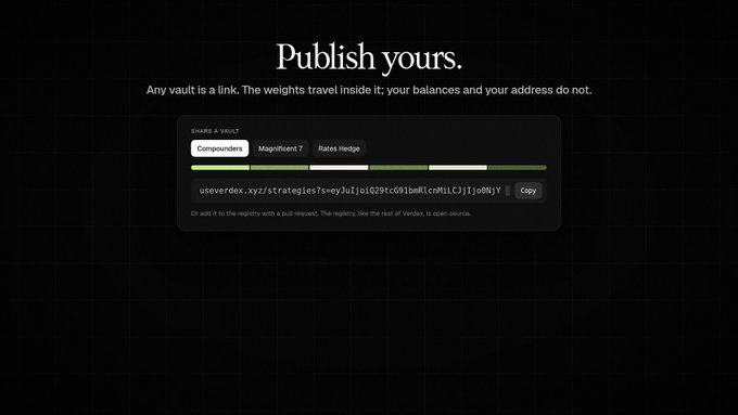 A dark-themed web interface titled "Publish yours." showing a vault sharing screen with tabs for Compounding, Magnificent 7, and Rates Hedge, along with a registry link to useverdex.xyz.