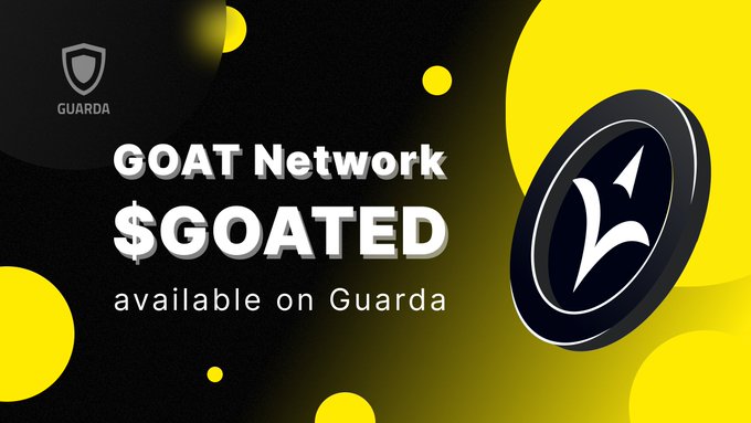 Promotional graphic announcing that GOAT Network's $GOATED token is available on Guarda, featuring the Guarda shield logo in the top left and a large coin illustration of $GOATED on the right against a black background with yellow accents.