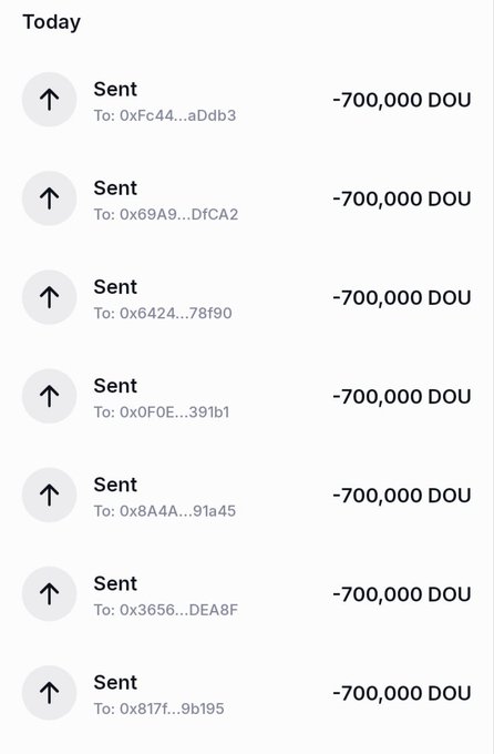 A mobile app transaction history showing seven 'Sent' transactions of -700,000 DOU each to various wallet addresses.