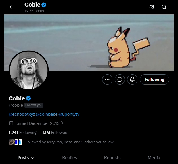 Cobie's X profile (1.1M followers) featuring a pixelated Pikachu avatar, with the account also tagged as "@cobie" and following Coinbase ($coinbase) and UpOnly. The Pikachu image likely serves as the "basecat" referenced in the post about launching a meme token on Coinbase's Base network.