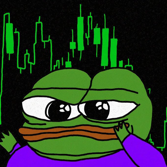 A cartoonish green Pepe frog with a smug expression stares intently at a candlestick chart filled with large bullish green candles, set against a black background—perfectly matching the described "smol Pepe staring at a massive green candle" crypto meme aesthetic.