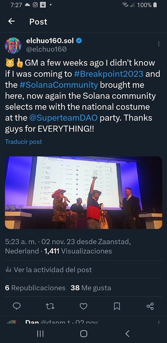 A Twitter/X post by user elchuo160.sol expressing gratitude for being brought to Breakpoint2023 by the Solana Community and being selected with the national costume at the SuperteamDAO party, accompanied by a photo of people at an event.