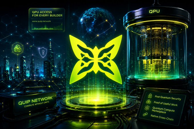 A futuristic digital advertisement for 'QUIP NETWORK' featuring a glowing yellow butterfly emblem, a quantum processing unit, and text highlighting 'QPU ACCESS FOR EVERY BUILDER', 'Post-Quantum Security', 'Proof of Useful Work', 'Quantum Compute Marketplace', and 'Native Cross-Chain'.