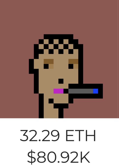 A pixel art NFT of a character smoking a cigarette, listed for 32.29 ETH ($80.92k).