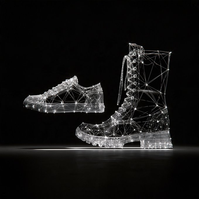 Two wireframe-style shoes appear as glowing digital outlines, including a low sneaker and a high-top boot, on a black background.