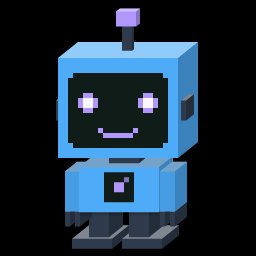 A pixel art rendering of a small blue robot with a purple antenna, glowing eyes, and a smiling expression on a black background.