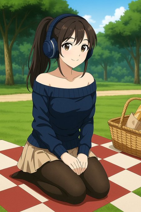 An anime-style illustration of a girl with brown hair in a ponytail wearing blue headphones and a dark blue off-shoulder sweater, sitting on a red and white checkered picnic blanket in a park with a picnic basket beside her.