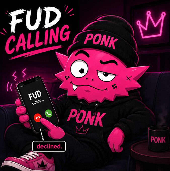 The image features a pink cartoon character, possibly a monster or a troll, sitting on a couch holding a cell phone. The text "FUD Calling" is written above the character's head, while "PONK" is displayed below his feet. A red candle can be seen in the background, and there are two more candles visible as well. The image also includes a caption that reads "FUD called. PONK answered once... just to hang up. Some people see a red candle and write a thesis. We see a red candle and buy another bag."