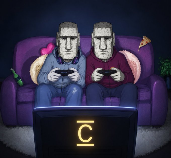 A cartoon illustration of two figures wearing stone-like masks sitting on a purple couch, playing video games with controllers while facing a glowing screen.