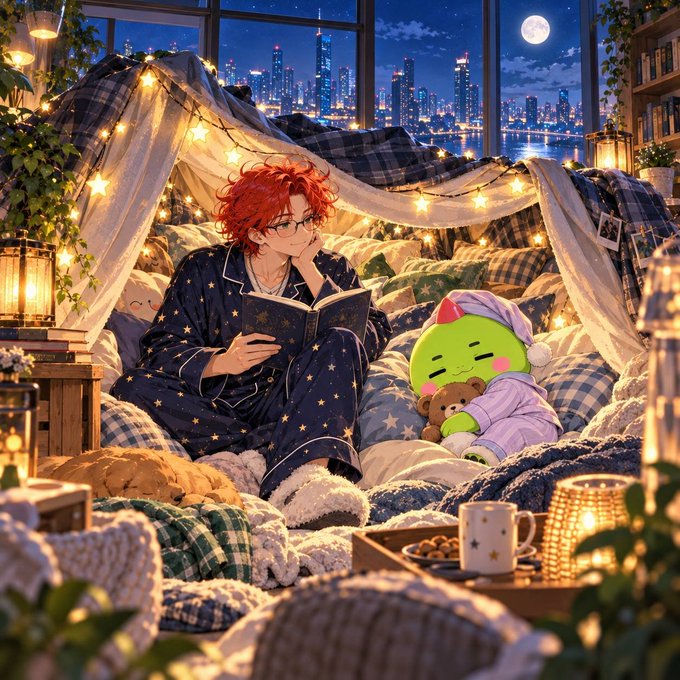 An anime-style illustration of a red-haired person in star-patterned pajamas reading a book under a blanket fort lit by fairy lights, accompanied by a green plush character with a teddy bear, with a city skyline visible through the window at night.