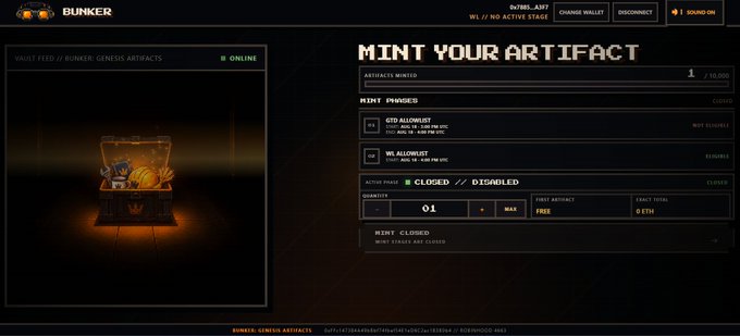 A screenshot of the Bunker Genesis Artifacts NFT platform showing a 'MINT YOUR ARTIFACT' interface with mint stages (GTO Allotment, WG Allotment) currently closed/disabled.
