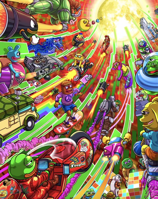 A vibrant, chaotic illustration features a Black boy on a skateboard emblazoned with "PLG" surrounded by a swirling array of retro video game characters, vehicles, and pop culture references including Pac-Man, Boba Fett, He-Man, and Iron Man, with bright green and pink neon streaks radiating outward from a central light source. The colorful scene pays homage to 80s/90s gaming and toy culture with references to Frogger visible on one of the vehicles.