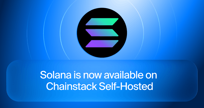 A promotional graphic with a blue background featuring the Solana logo above the text "Solana is now available on Chainstack Self-Hosted".