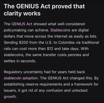 The image displays text titled "The GENIUS Act proved that clarity works," explaining how the act established reserve requirements and a regulatory framework for stablecoins, which are digital dollars that enable cheap, instant transfers (e.g., $200 to Colombia for pennies vs. $12+ via traditional rails), thereby resolving prior regulatory uncertainty that had stalled adoption.