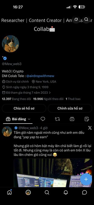 A Twitter/X profile page for @Mew.web3 shows 12,397 followers, 19,966 following, and 1 subscriber, with a recent post about followers being purged—visually confirming the post's claim about follower counts dropping from 20k to 19,966.