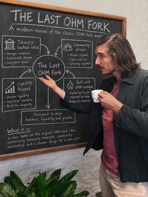 A long-haired man stands next to a chalkboard titled "THE LAST OHM FORK: A modern revival of the classic OHM-fork model," which outlines principles like "Treasury-backed value," "Community-driven," "Liquidity-focused," and "Built with OHM nostalgia," while holding a coffee mug and pointing at the board.
