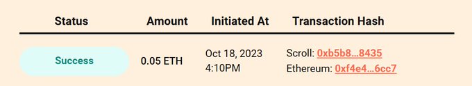 A transaction success record showing an amount of 0.05 ETH initiated on Oct 18, 2023 at 4:10PM, with transaction hashes listed for Scroll (0xb5b8...8435) and Ethereum (0xf4e4...6cc7).