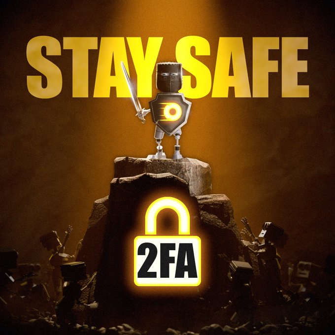 A blocky knight with a sword and shield stands triumphantly atop a rocky pedestal displaying a glowing padlock icon labeled "2FA," while shadowy figures gather below. Bold yellow "STAY SAFE" text dominates the dark, dramatic background, reinforcing the post's message to enable two-factor authentication for better digital security.