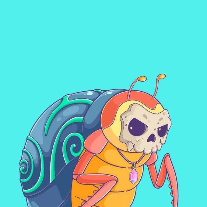 A stylized cartoon snail with a colorful shell, skull-like face, and pink crystal necklace is depicted against a turquoise background, likely representing the mascot or artwork for the "unvault" NFT project referenced in the post about a free mint on Ethereum.