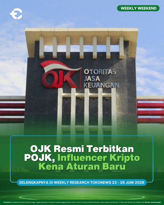 The image shows the OJK (Otoritas Jasa Keuangan) building signage, representing Indonesia's Financial Services Authority, with overlaid text announcing "OJK Resmi Terbitkan POJK, Influencer Kripto Kena Aturan Baru" and referencing the Weekly Research publication dated June 22-26, 2026. The visual directly illustrates the news about OJK issuing POJK No. 6 of 2026, which introduces new regulations requiring crypto financial influencers to obtain official certification.