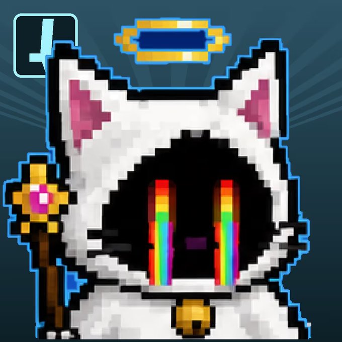 A pixel art character resembling a white fox or cat with pink ears, featuring a black face with rainbow-colored tears, a golden halo, and holding a yellow staff.