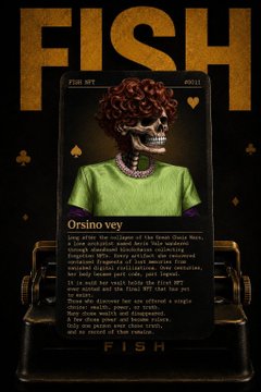 An NFT titled "FISH" features a skeletal figure with curly red hair and a green shirt on a playing card, accompanied by the story "Orsino Vey" describing his abandonment of the Italian Opera Mafia. The bold "FISH" branding and ornate gold framing emphasize the community's collaborative NFT lore creation highlighted in the post.