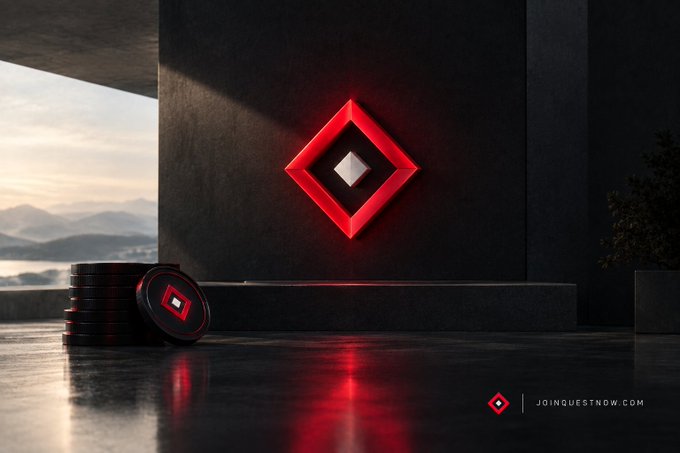 Advertisement showing a red diamond-shaped logo displayed on a dark wall with stacked discs beside it, branded with 'JOINQUESTNOW.COM'.