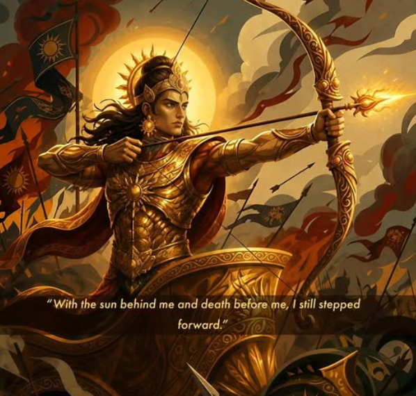 A golden-armored warrior draws a flaming arrow with a halo-like sun blazing behind him, captioned "With the sun behind me and death before me, I still stepped forward." The heroic imagery reinforces the "Sun Ticked" salute, symbolizing courage and unwavering forward motion in the face of adversity.