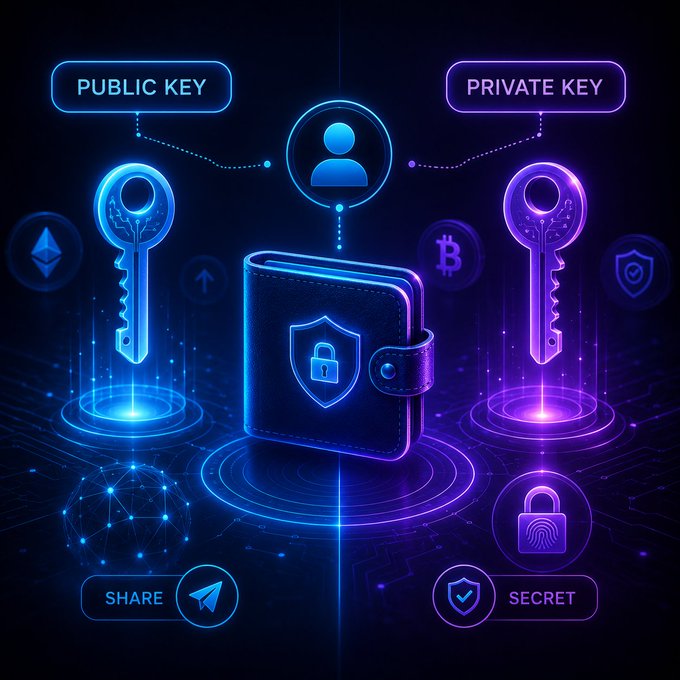 A neon-style infographic explaining public and private cryptographic keys, showing a glowing blue public key, a purple private key, a central user icon, and a wallet with a security shield, alongside logos for Ethereum and Bitcoin.