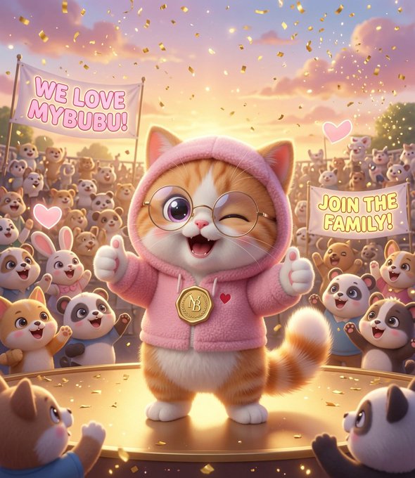 A cartoon cat wearing a pink hoodie, glasses, and holding a gold coin with "MyBubu" written on it, surrounded by other cartoon characters such as panda bears. The image also includes text that reads "We love MyBubu! Join the family before it's too late!"