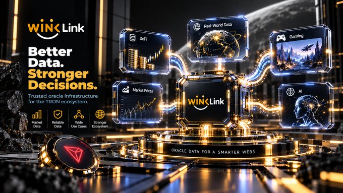 A promotional graphic for WINkLink oracle infrastructure on the TRON ecosystem, featuring the tagline 'Better Data. Stronger Decisions.' and showcasing use cases including DeFi, Real-World Data, Gaming, Market Prices, and AI.