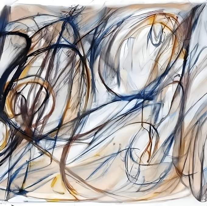 An abstract artwork displays swirling, chaotic black, blue, and brown lines over a white background.