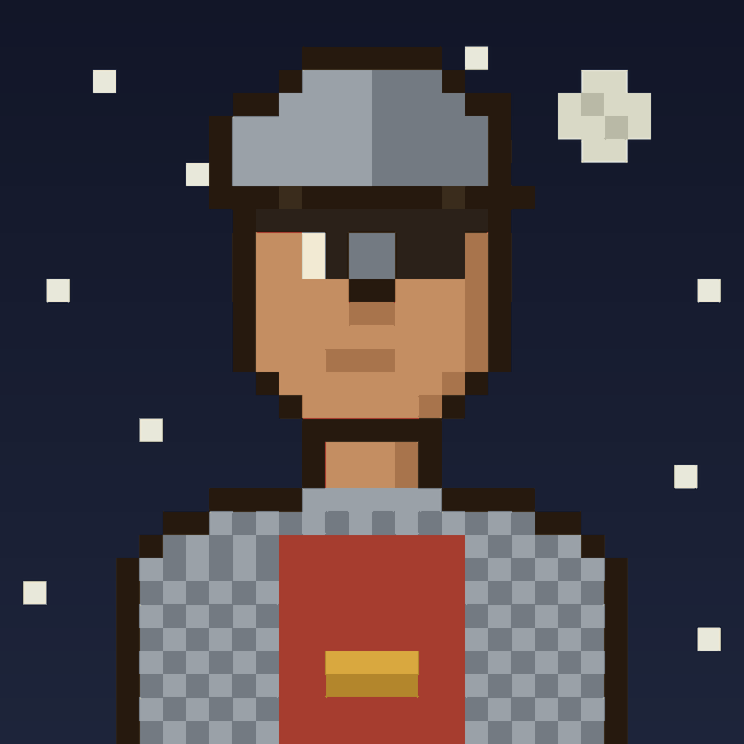 A pixel art style portrait of a character wearing a checkered shirt and red apron, set against a dark blue starry night background.