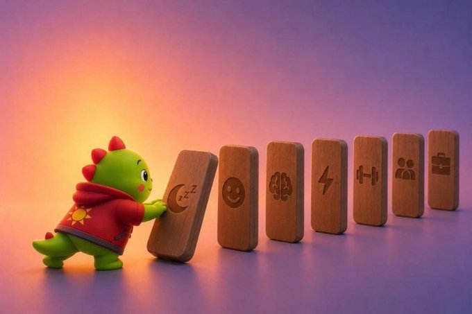 A 3D-rendered green cartoon dinosaur character in a red hoodie pushes a wooden domino tile featuring a moon and 'Zzz' icon, with other wooden tiles showing emoji, brain, lightning, and people icons arranged in a row.